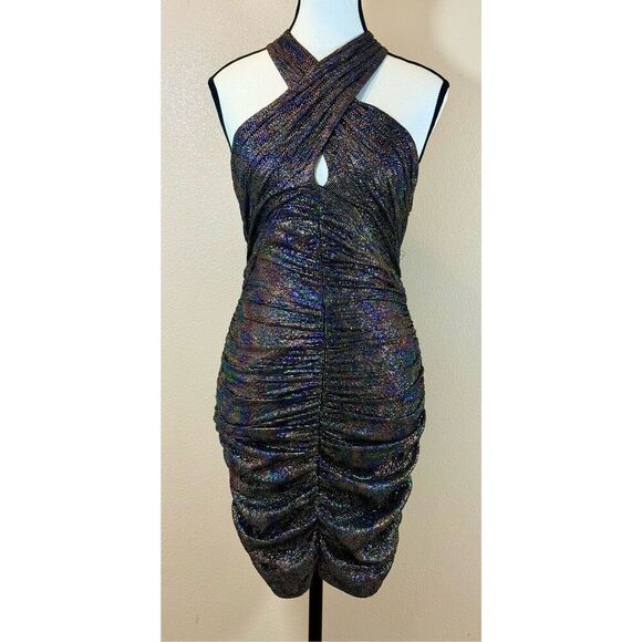 NWOT ZARA Festive Sparkle Halter Neck Ruched Mini Dress Women's XS - Picture 3 of 11